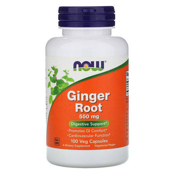 Old Products NOW Foods Ginger Root supplement in a bottle of 100 vegetarian capsules, showcasing the supplement's packaging.