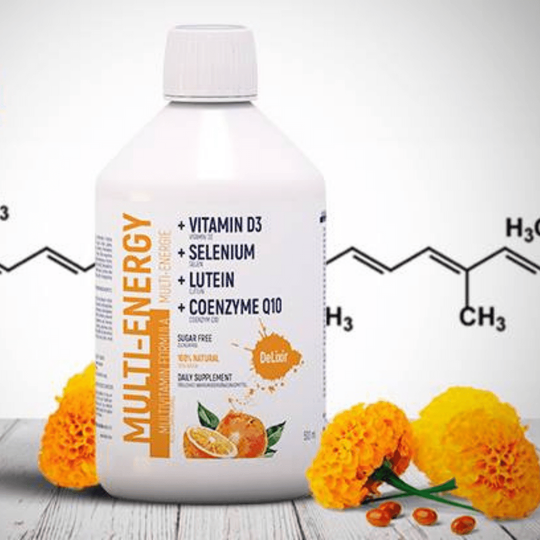 DeLixir Multi-Energy supplement bottle from DETA ELIS, featuring colorful label with energy-boosting ingredients.