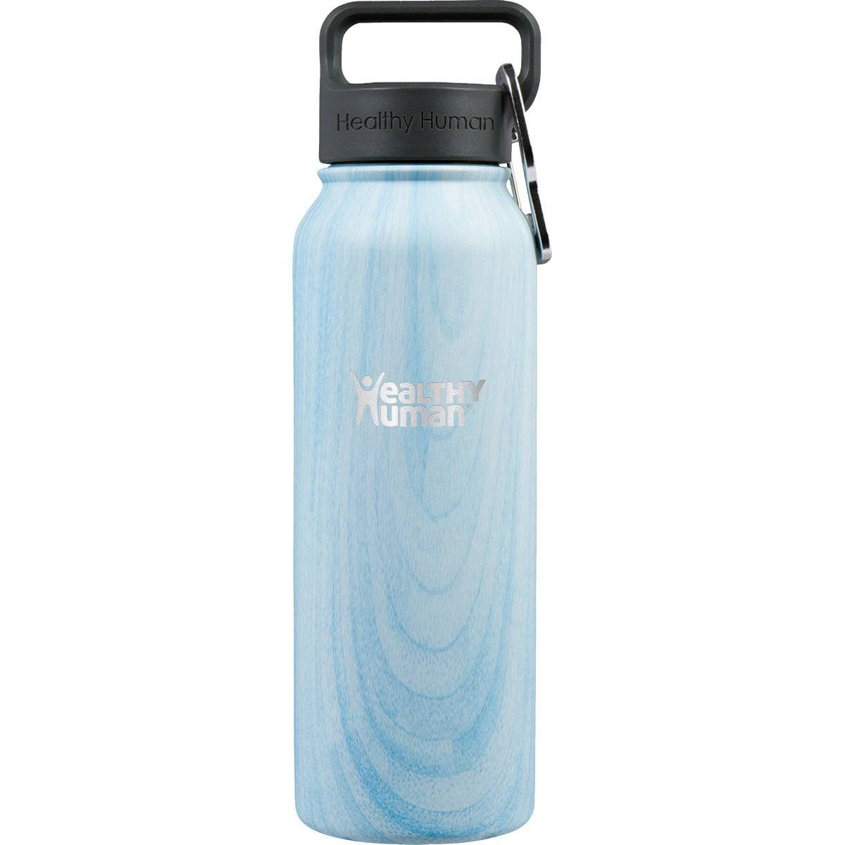 Healthy Human 21oz blue Stein bottle with wood accents, durable drink accessory for hot and cold beverages.
