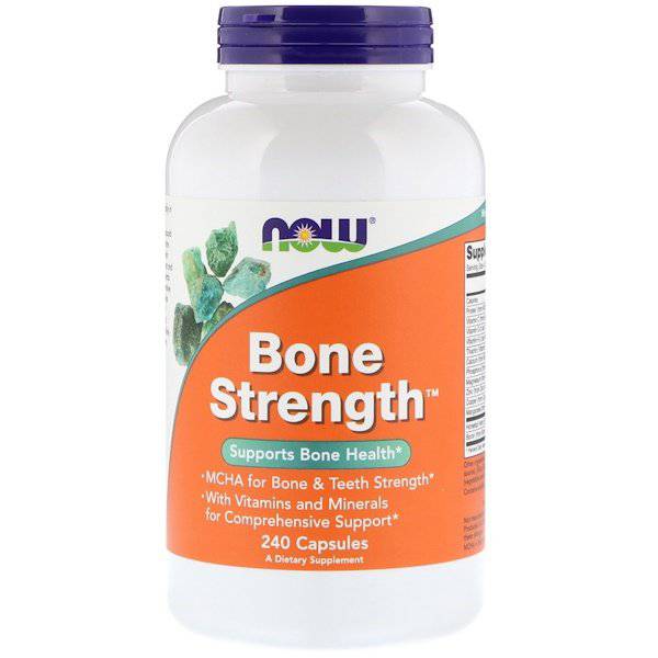 Now Foods Bone Strength supplement bottle with 240 capsules, showing the product label and capsule imagery.