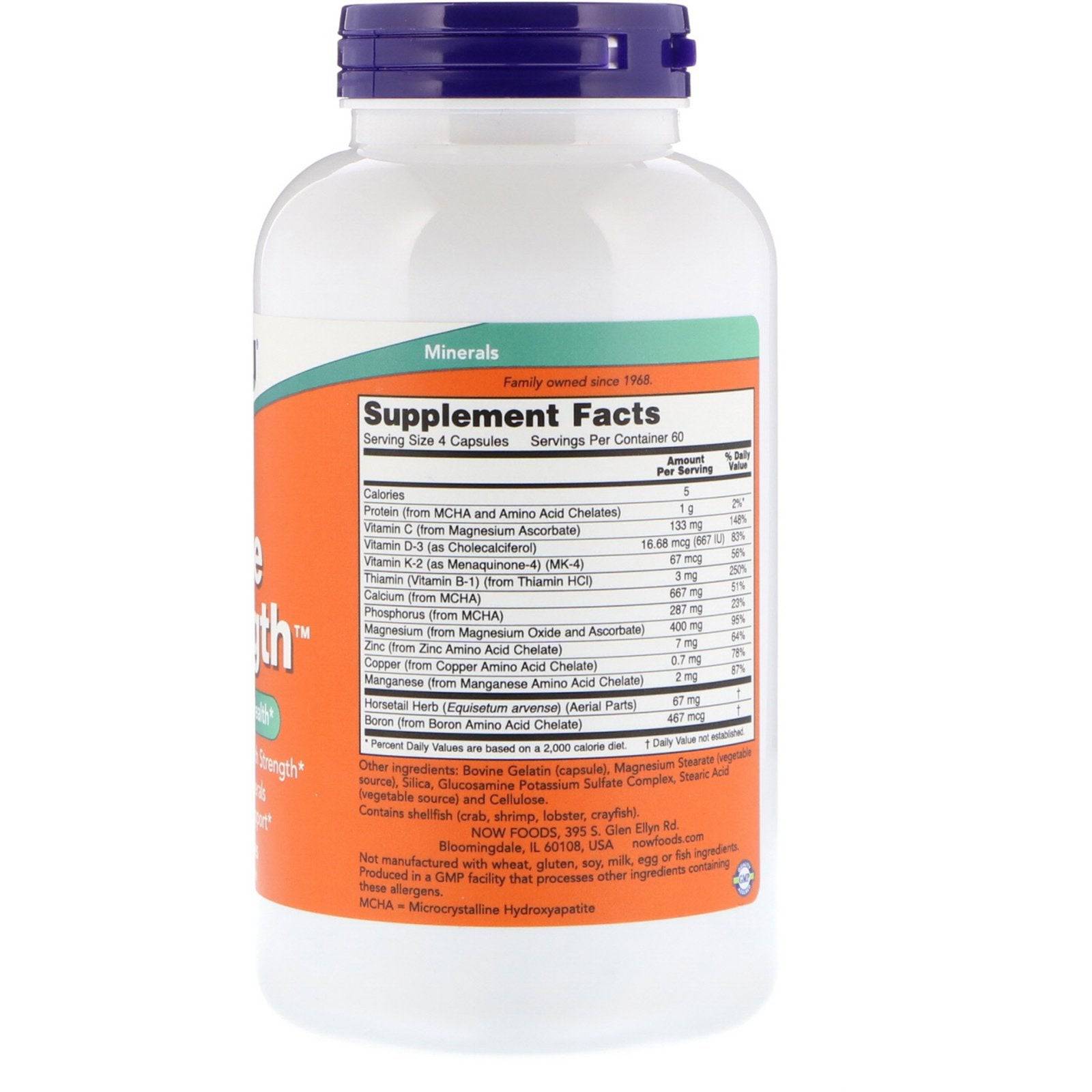 Now Foods Bone Strength supplement capsules in a bottle, designed to support healthy bones and overall mineral balance.
