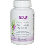 MKSTAVRINOS Now Foods Hair, Skin & Nails capsules, 90-count, softgel capsules showing the supplement bottle and capsules.