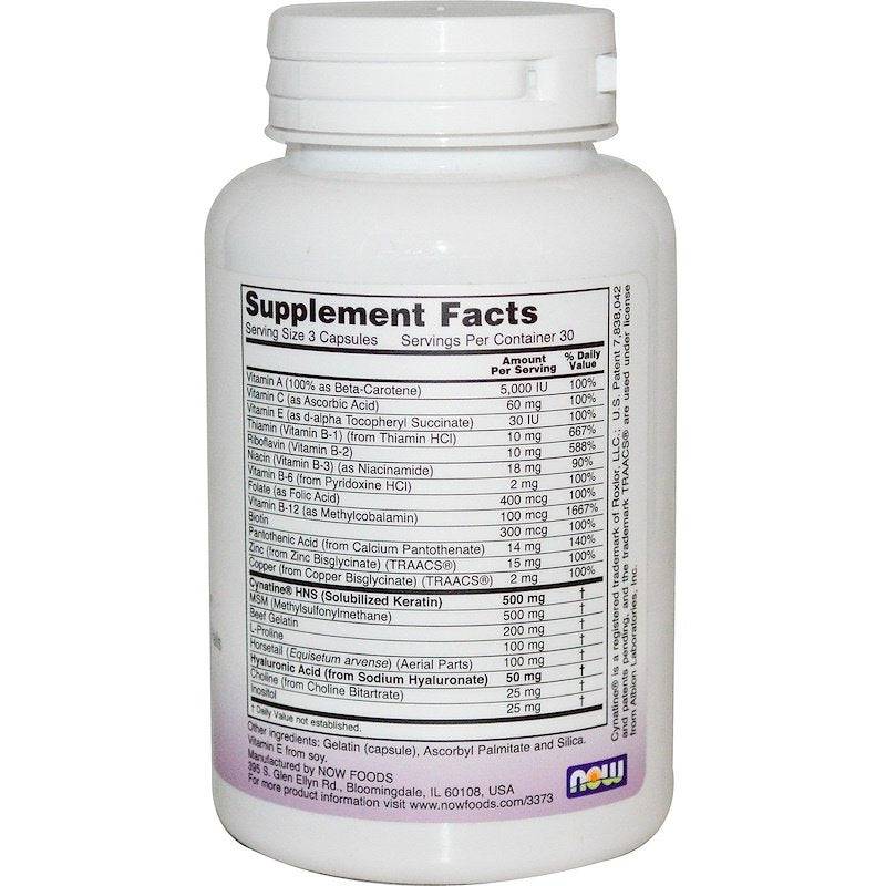 MKSTAVRINOS Now Foods Hair, Skin & Nails capsules, 90-count, showing the bottle with capsules and natural ingredients.