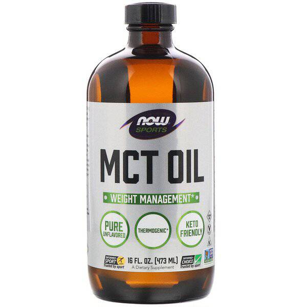 MKSTAVRINOS NOW Foods Sports MCT Oil supplement bottle, unflavored, 16 fl oz (473ml) with label and cap visible.