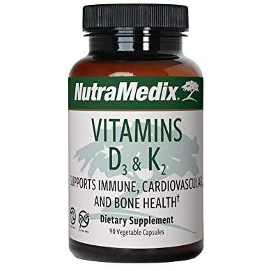 Sentosa Nutramedix Vitamin D3 & K2 supplement bottles with 90 capsules, showcasing the product label and cap.