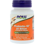 Now Foods Probiotic-10 supplement bottle with 50 vegan capsules, featuring probiotics for digestive health.