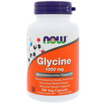 Now Foods Glycine supplement bottle with 1000 mg capsules, showing the label and container for dietary support.