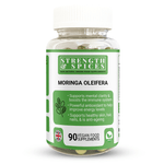 Bottle of STRENGTH & SPICES Moringa Oleifera 700mg supplement capsules, showing the label and 90 capsules inside.