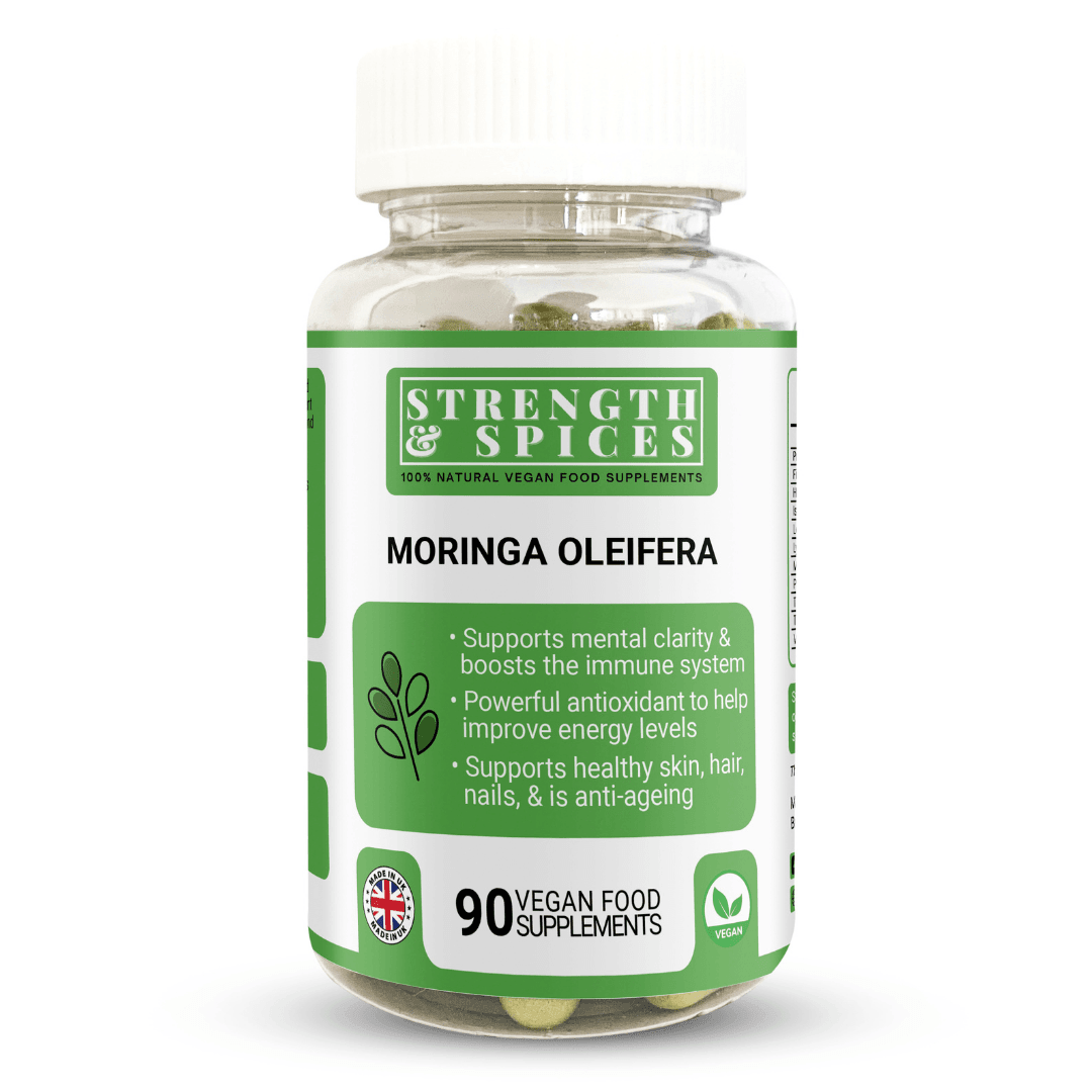 Bottle of STRENGTH & SPICES Moringa Oleifera 700mg supplement capsules, showing the label and 90 capsules inside.