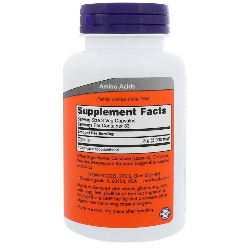 Now Foods Glycine supplement in 1000 mg vegetarian capsules, showing a bottle with white capsules and label.