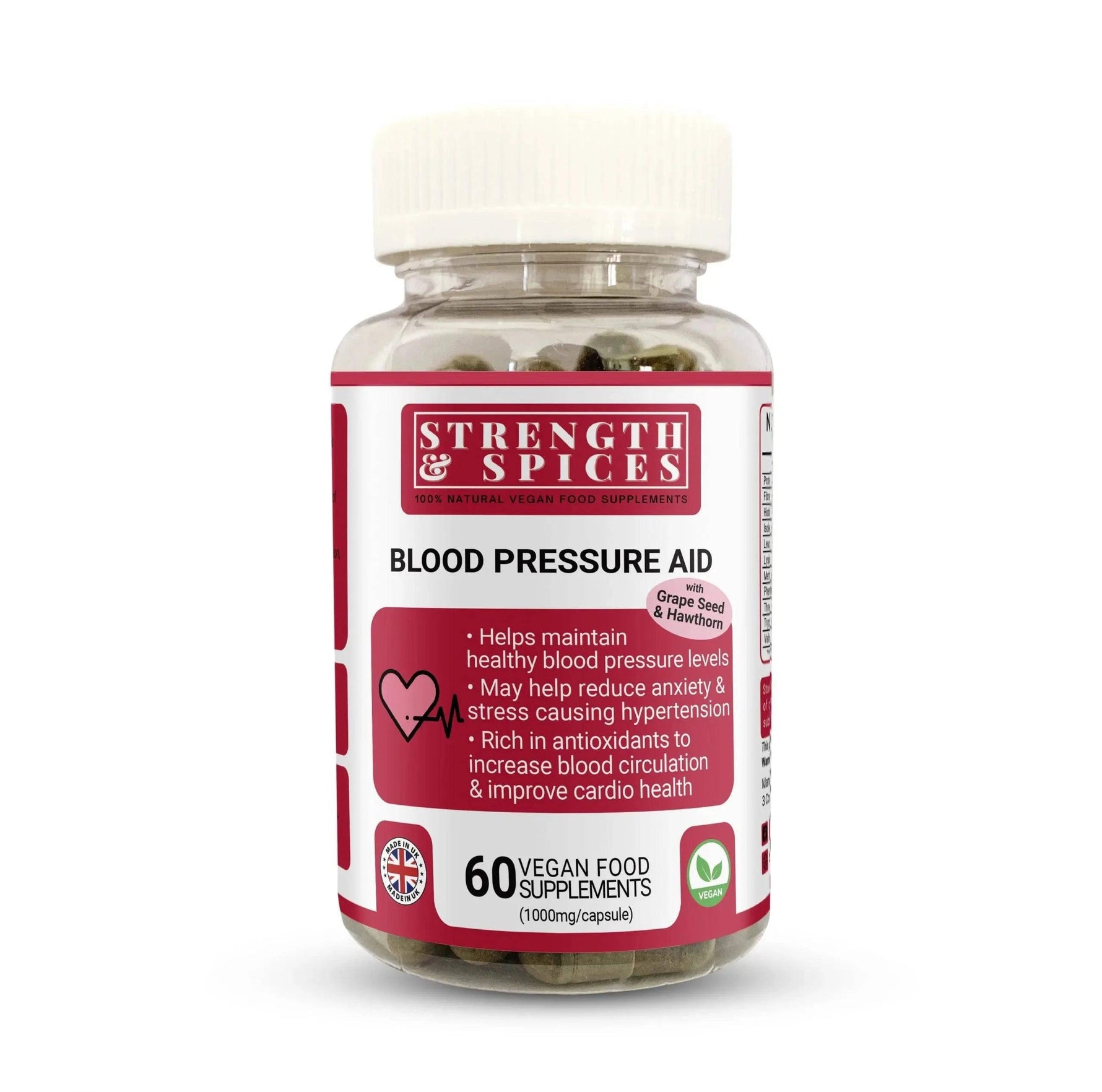 Blood pressure supplement by Strength & Spices, featuring 60 capsules with herbal ingredients for cardiovascular support.