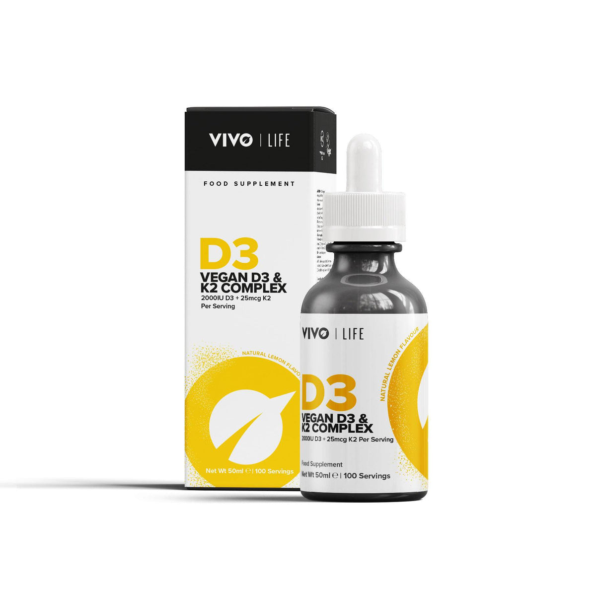 Vivo Life Vitamin D3 with K2 plant-based supplement bottle, front view showing label and product packaging.