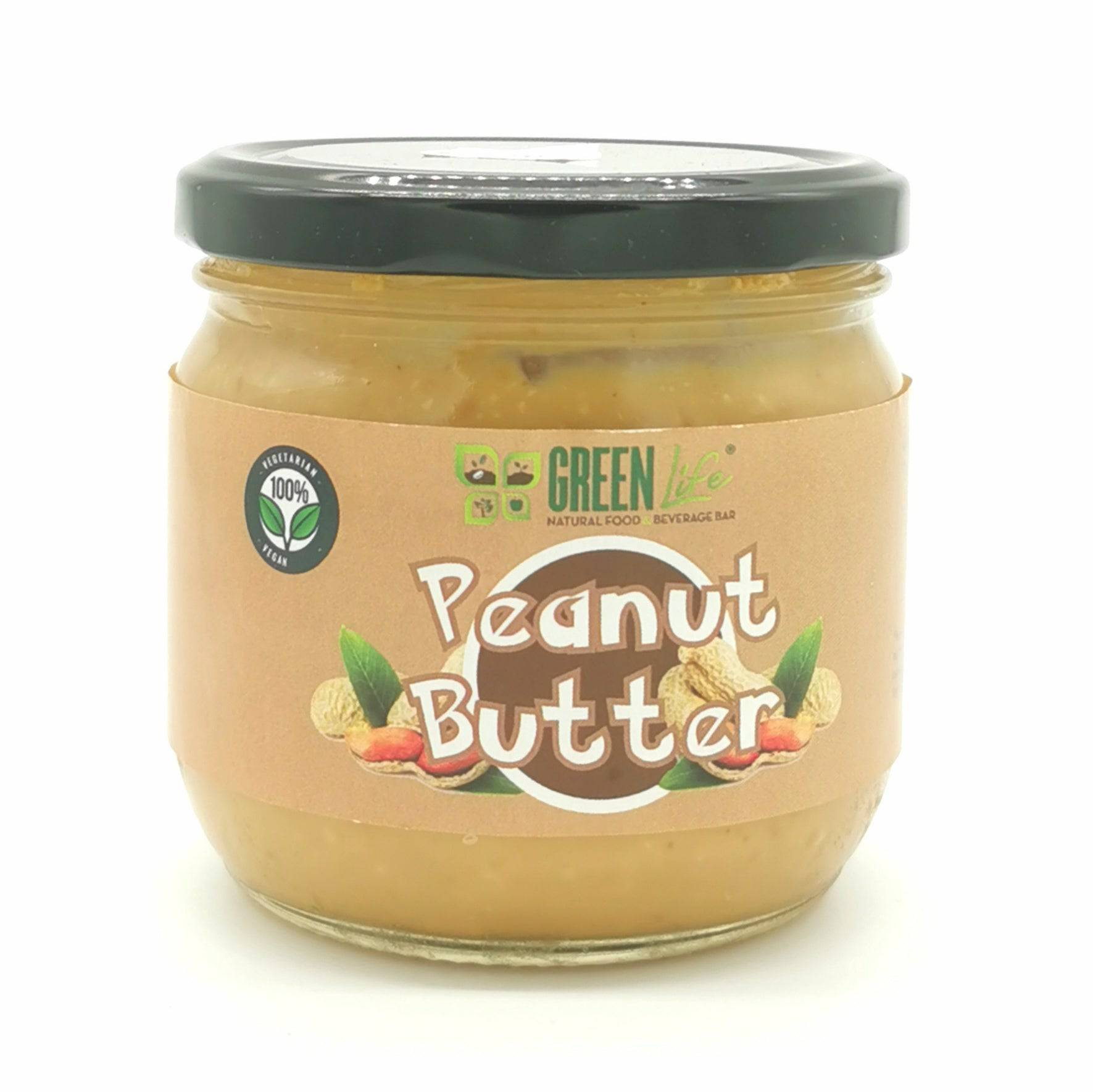 Green Life Cyprus peanut butter jar with label visible, showcasing creamy texture and natural ingredients.