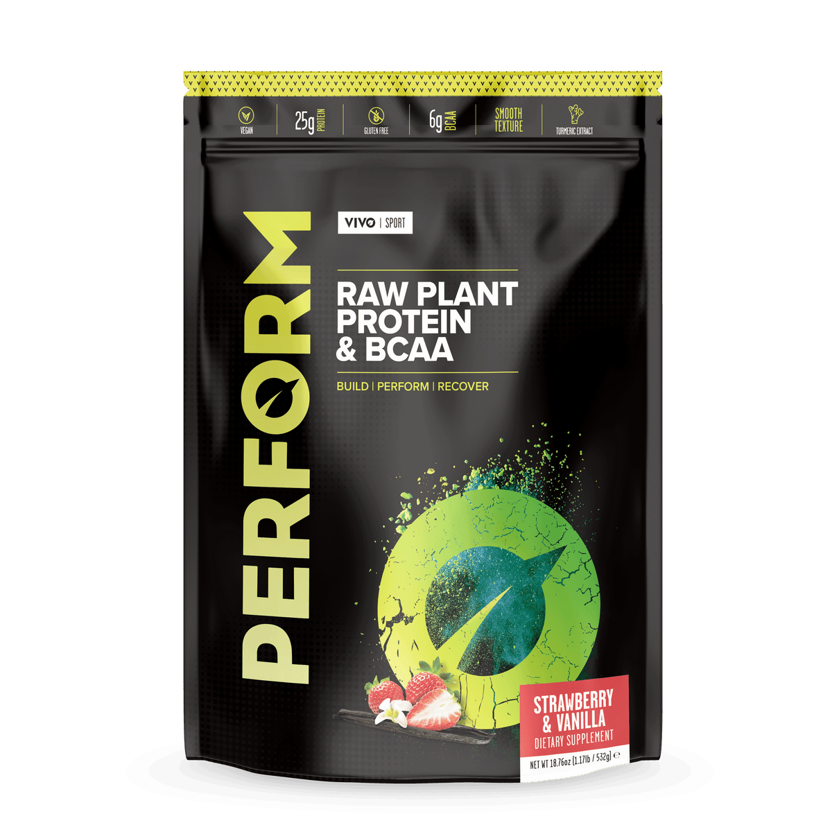 Large Vivo Life PERFORM Raw Plant Protein & BCAA strawberry-flavored protein powder container with label and scoop.