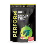 Large Vivo Life PERFORM Raw Plant Protein & BCAA strawberry-flavored protein powder container with label and scoop.