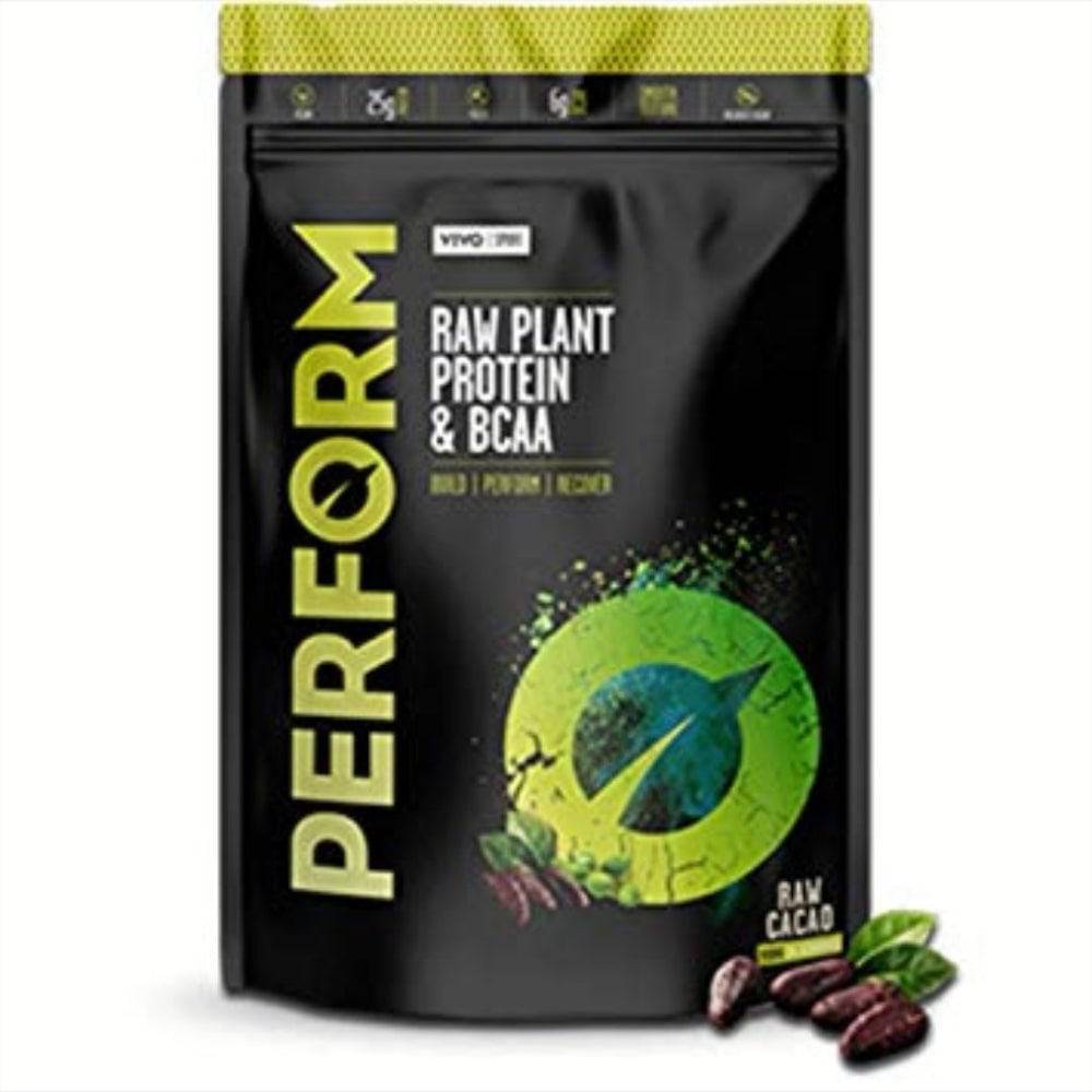 Large container of Vivo Life PERFORM Raw Plant Protein & BCAA protein powder in a white jar with a colorful label.