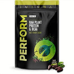 VIVO LIFE PERFORM Raw Plant Protein and BCAA supplement container with 7 servings, featuring colorful labeling and scoop.