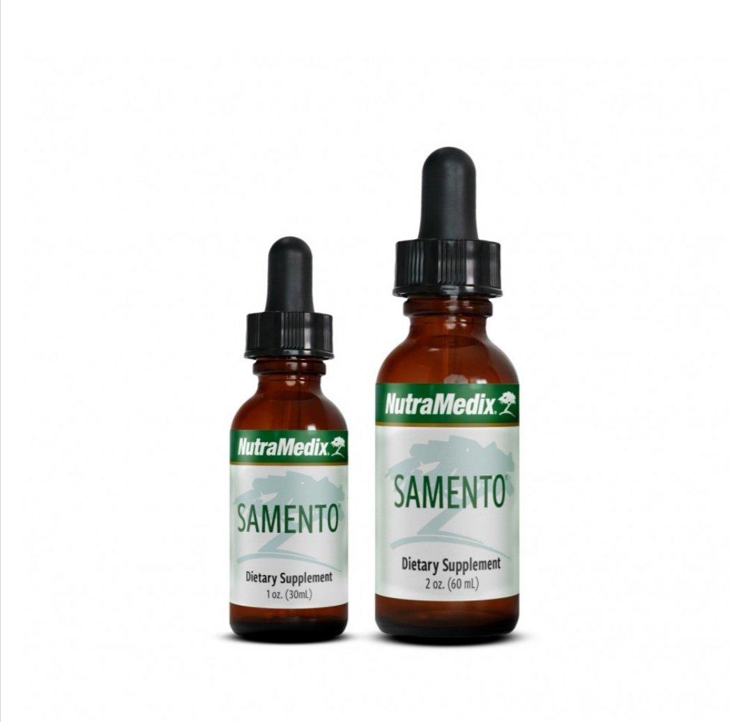 Bottle of Nutramedix SAMENTO microbial defense supplement by SENTOSA, showing the product label and packaging.