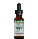 Sentosa Nutramedix ALGAS metal detox supplement bottle with label and capsules on a white background.