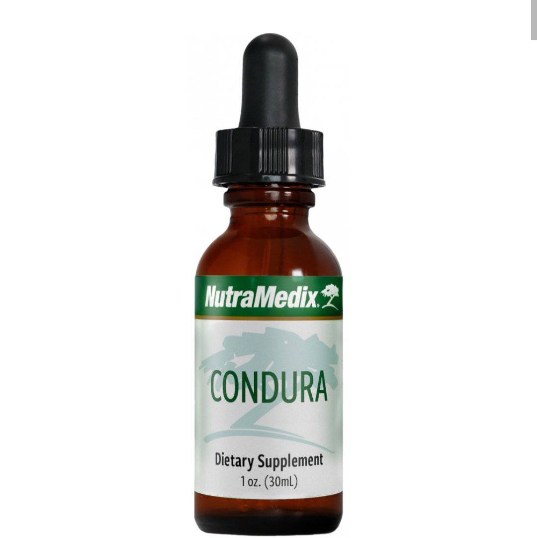 Bottle of Nutramedix ConDura Comfort supplement by SENTOSA, 30ml, with label and dropper cap visible.