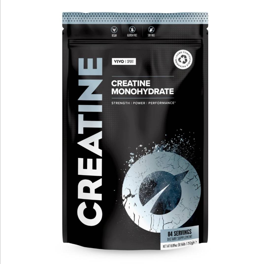 Vivo Life ultra-pure micronized creatine monohydrate supplement container with label showing product details.