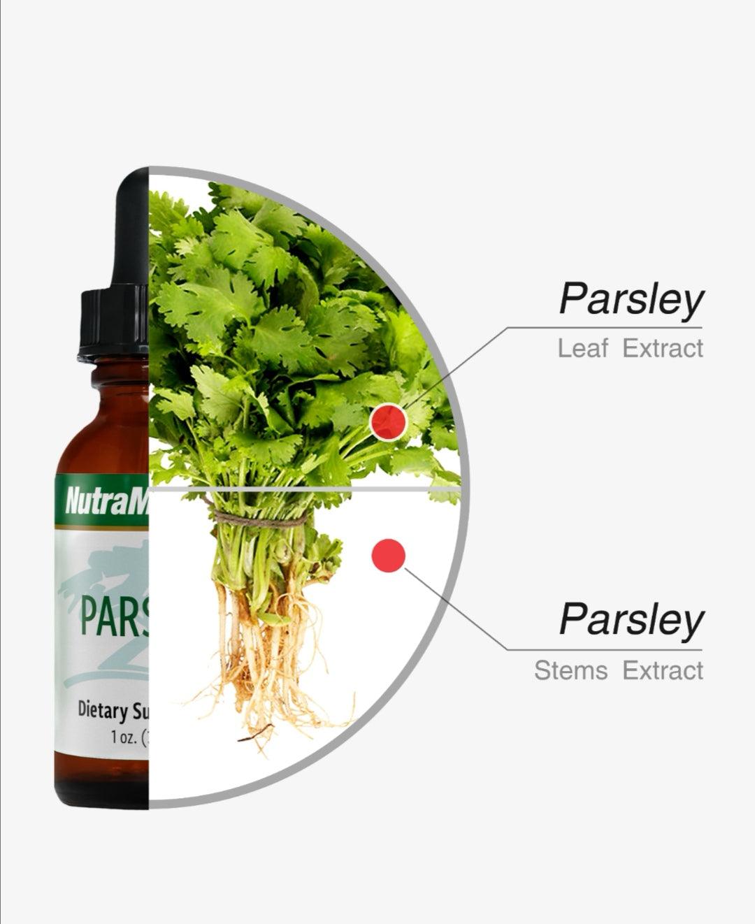 Sentosa Nutramedix Parsley Detox supplement bottle with label, featuring fresh parsley illustration and supplement details.