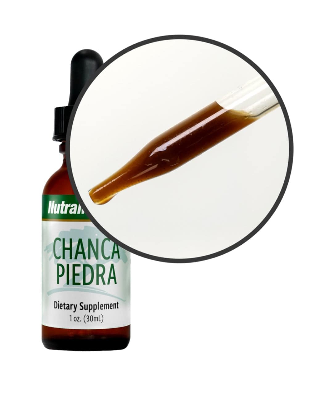 Sentosa Nutramedix Chanca Piedra supplement bottle with a white label and green accents, 30ml, on a plain background.
