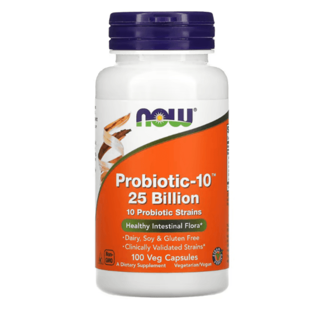 MKSTAVRINOS Probiotic-10 supplement with 25 billion CFUs in 100 veggie capsules for gut health support