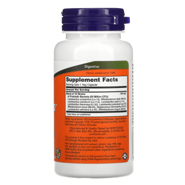 MKSTAVRINOS NOW Foods Probiotic-10 supplement bottle with 100 veg capsules, featuring probiotic capsules with 25 billion CFUs.