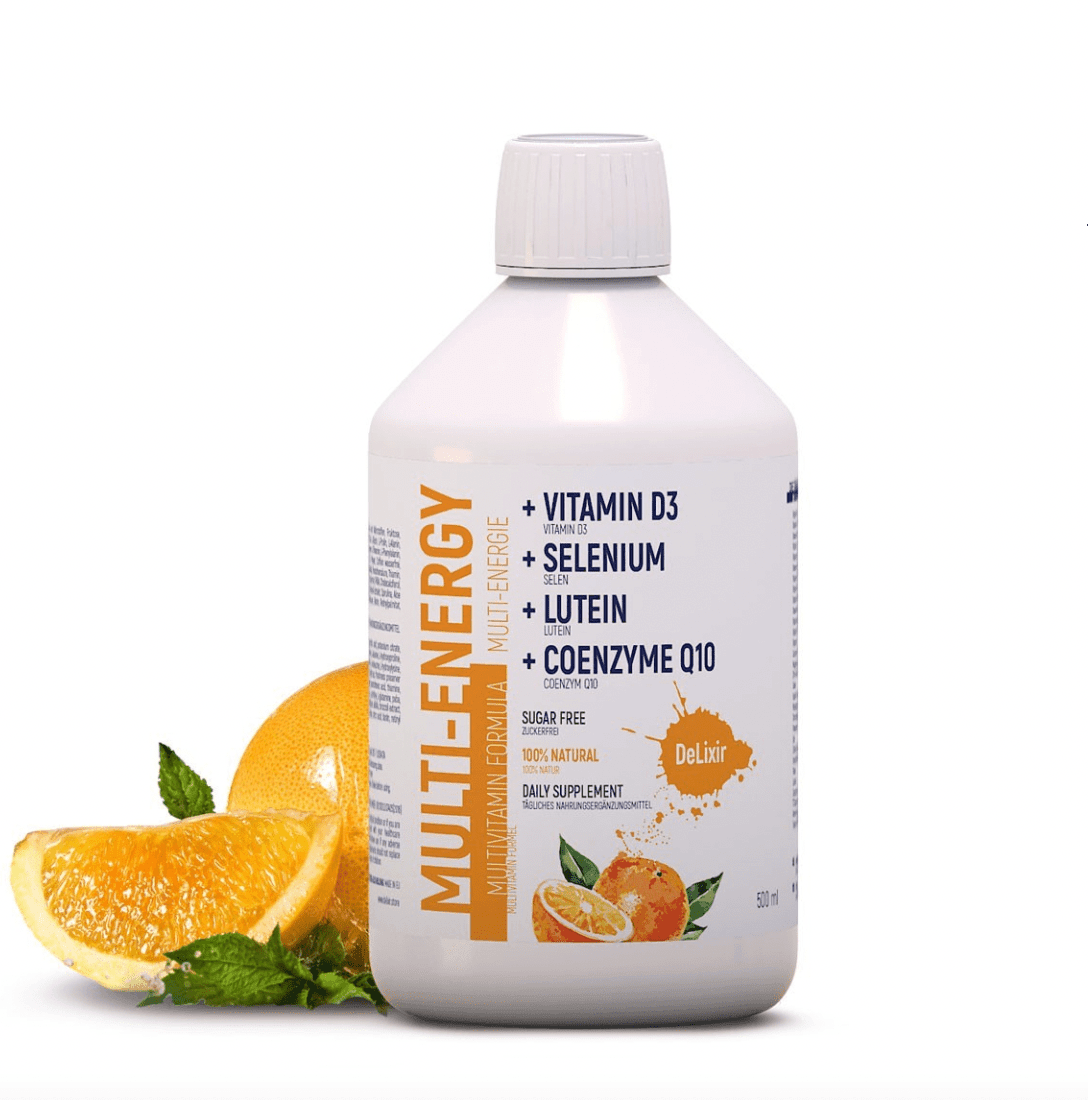 DeLixir Multi-Energy supplement bottle from DETA ELIS, featuring colorful label and supplement capsules on a white background.