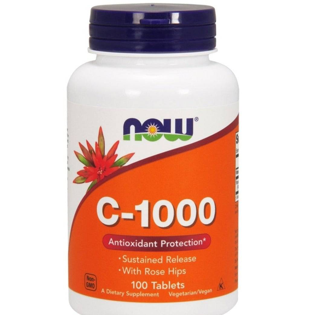 Screenshot of NOW Foods C-1000 Vitamin C supplement bottle with 100 tablets, showing the label and product packaging.
