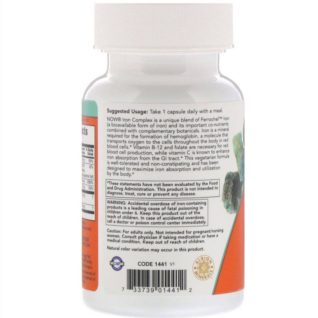 NOW Foods Iron Complex supplement bottle with 100 capsules, providing iron and essential minerals for healthy blood support.
