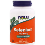 Selenium supplement by MKSTAVRINOS, NOW Foods, 100mcg in a bottle of 250 tablets, showing the supplement packaging and tablets.