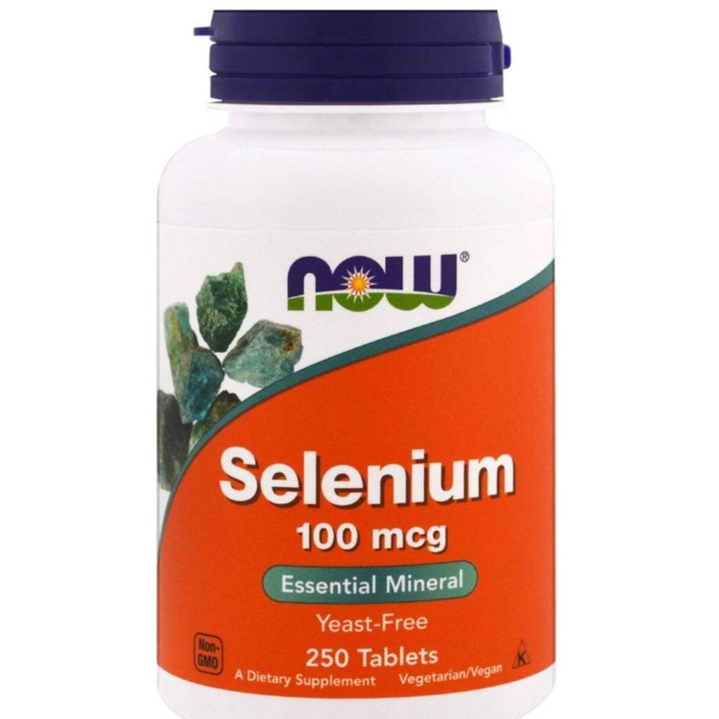 Selenium supplement by MKSTAVRINOS, NOW Foods, 100mcg in a bottle of 250 tablets, showing the supplement packaging and tablets.