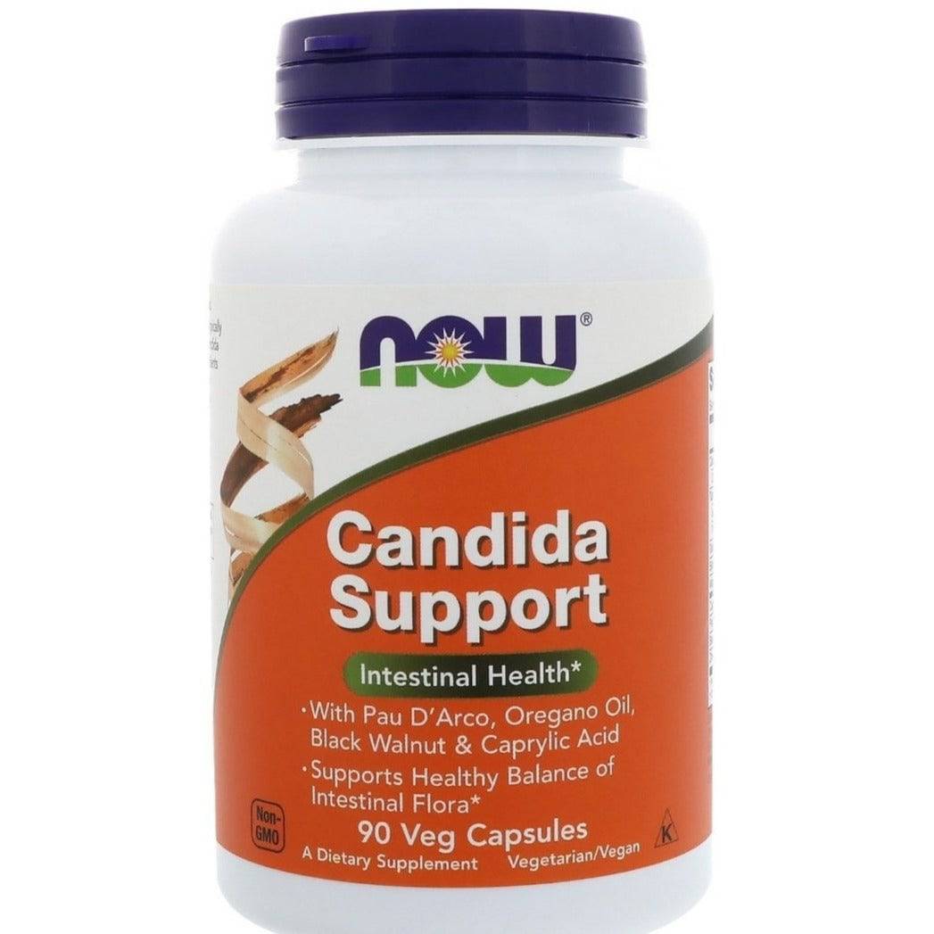 Supplements bottle labeled NOW Foods Candida Support MKSTAVRINOS, containing 90 vegetarian capsules for digestive health.