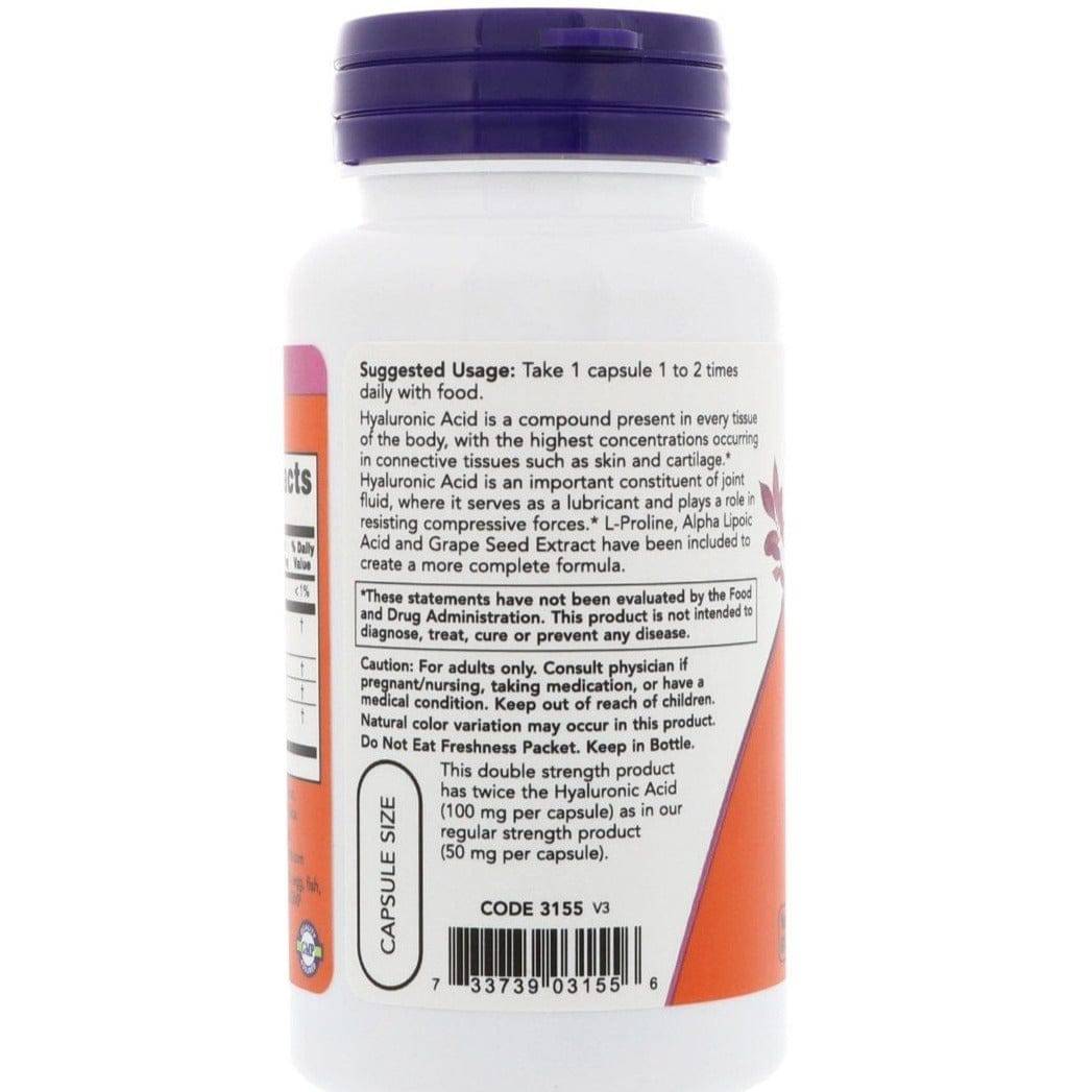 MKSTAVRINOS NOW Foods Hyaluronic 100 mg supplement in 60 vegetarian capsules, shown in the product packaging.
