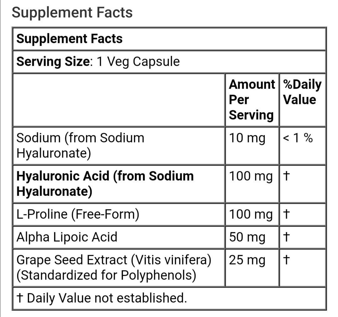 MKSTAVRINOS NOW Foods Hyaluronic supplement bottle with 60 vegetarian capsules for skin hydration and joint support.