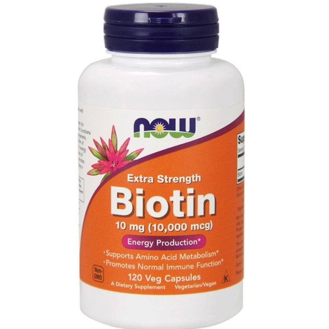 MKSTAVRINOS NOW Foods Extra Strength Biotin supplement bottle with 120 vegetarian capsules, 10 mg biotin for hair and skin health