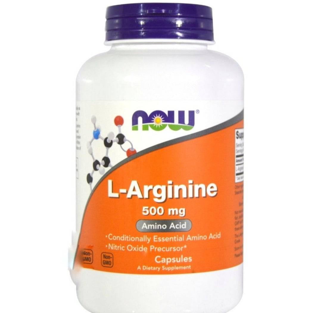 Old Products Now Foods L-Arginine 500 mg supplement capsules, showing a bottle of 100 capsules on a white background.