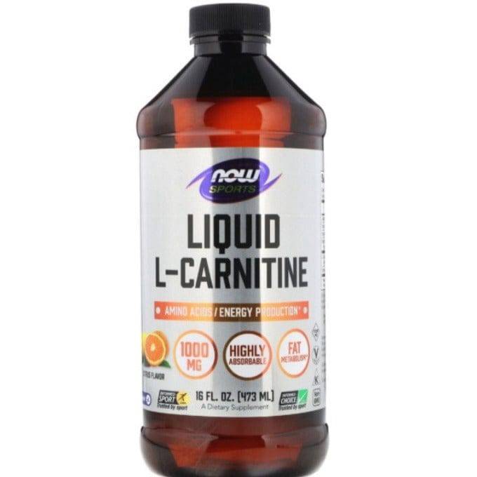 Now Foods Sports L-Carnitine Liquid supplement in citrus flavor, 16 fl oz bottle with clear label and orange liquid inside.