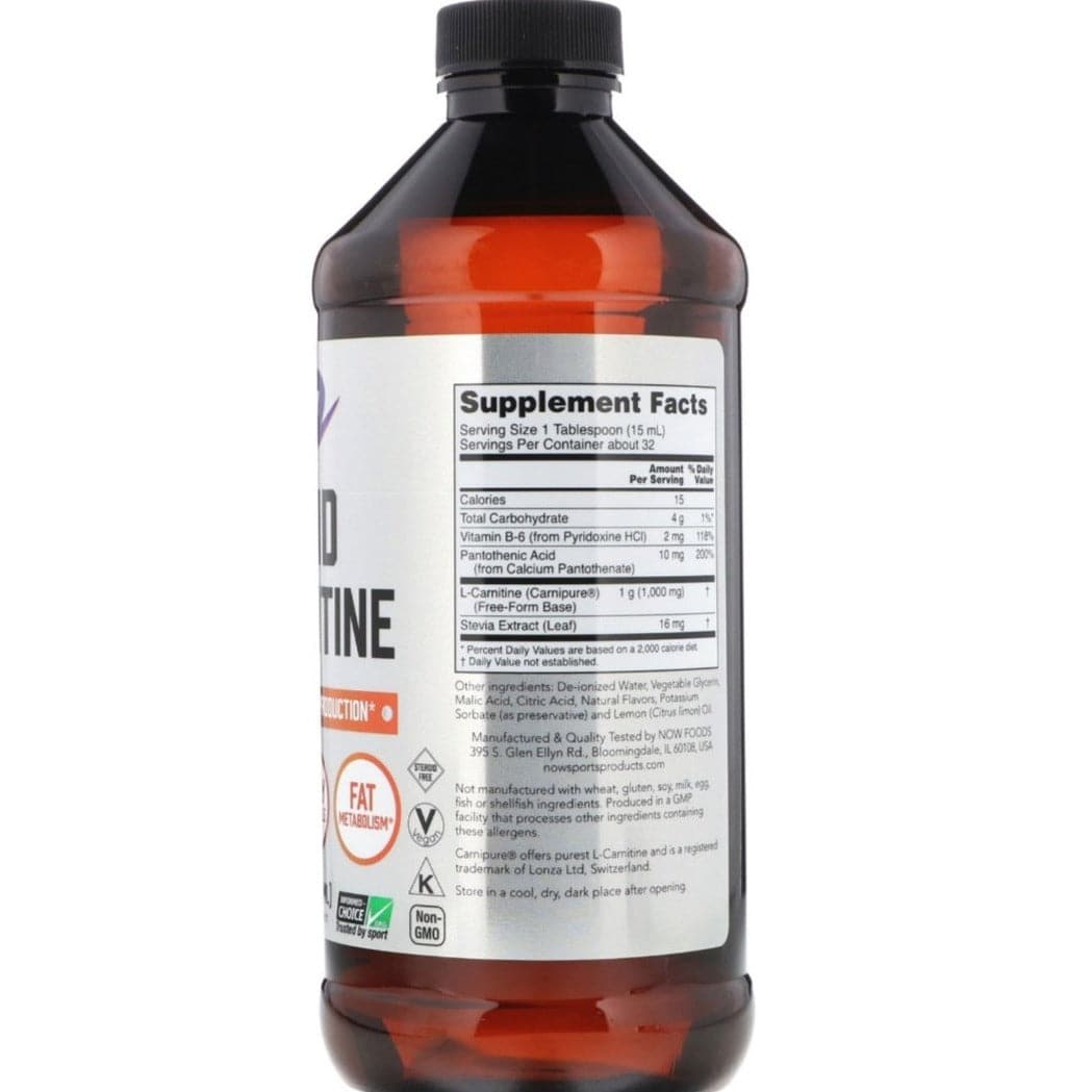 Now Foods Sports L-Carnitine Liquid supplement in citrus flavor, 16 fl oz (473 ml) bottle with a bright citrus label.