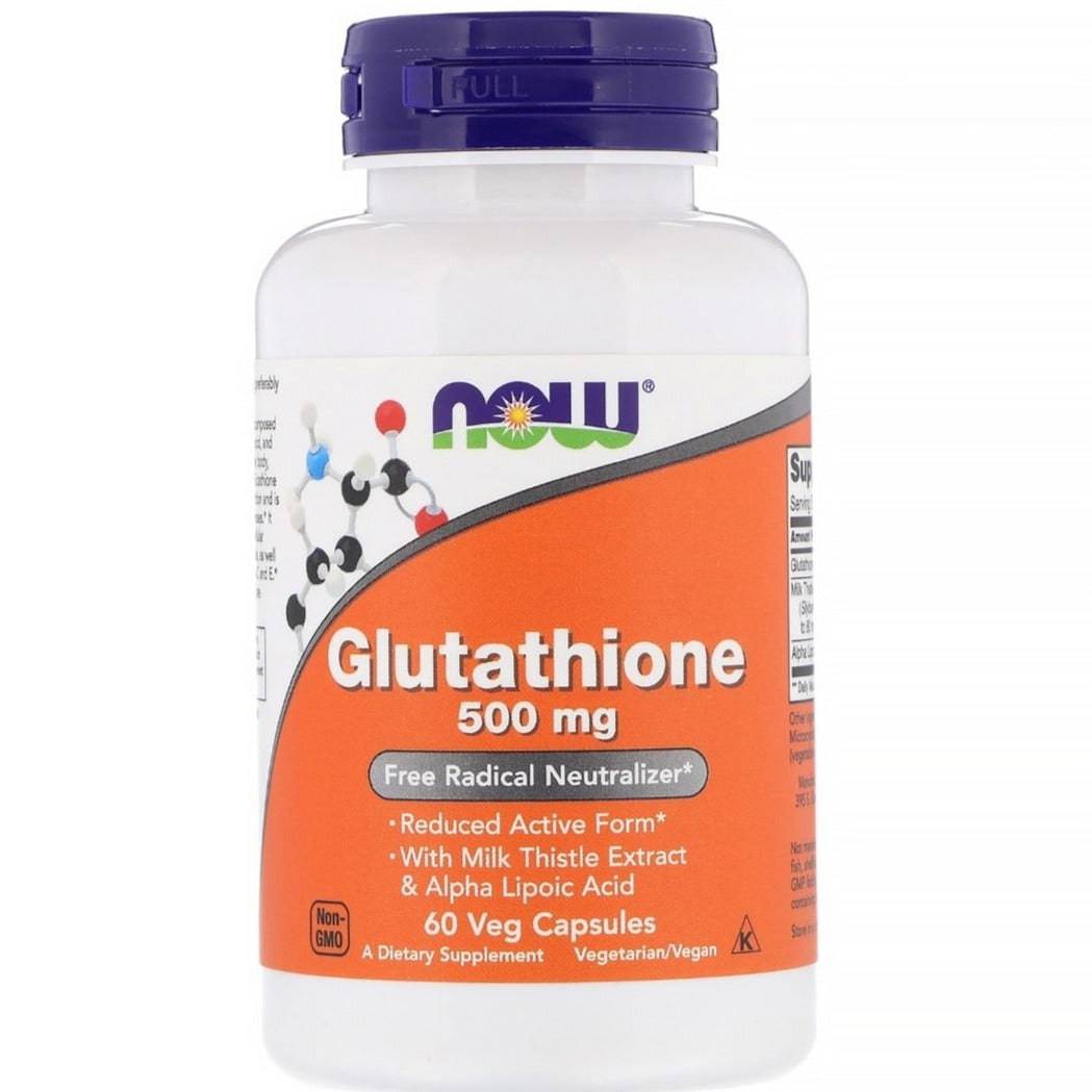 Now Foods Glutathione 500 mg supplement in 60 vegan capsules, shown in a bottle with capsules inside.