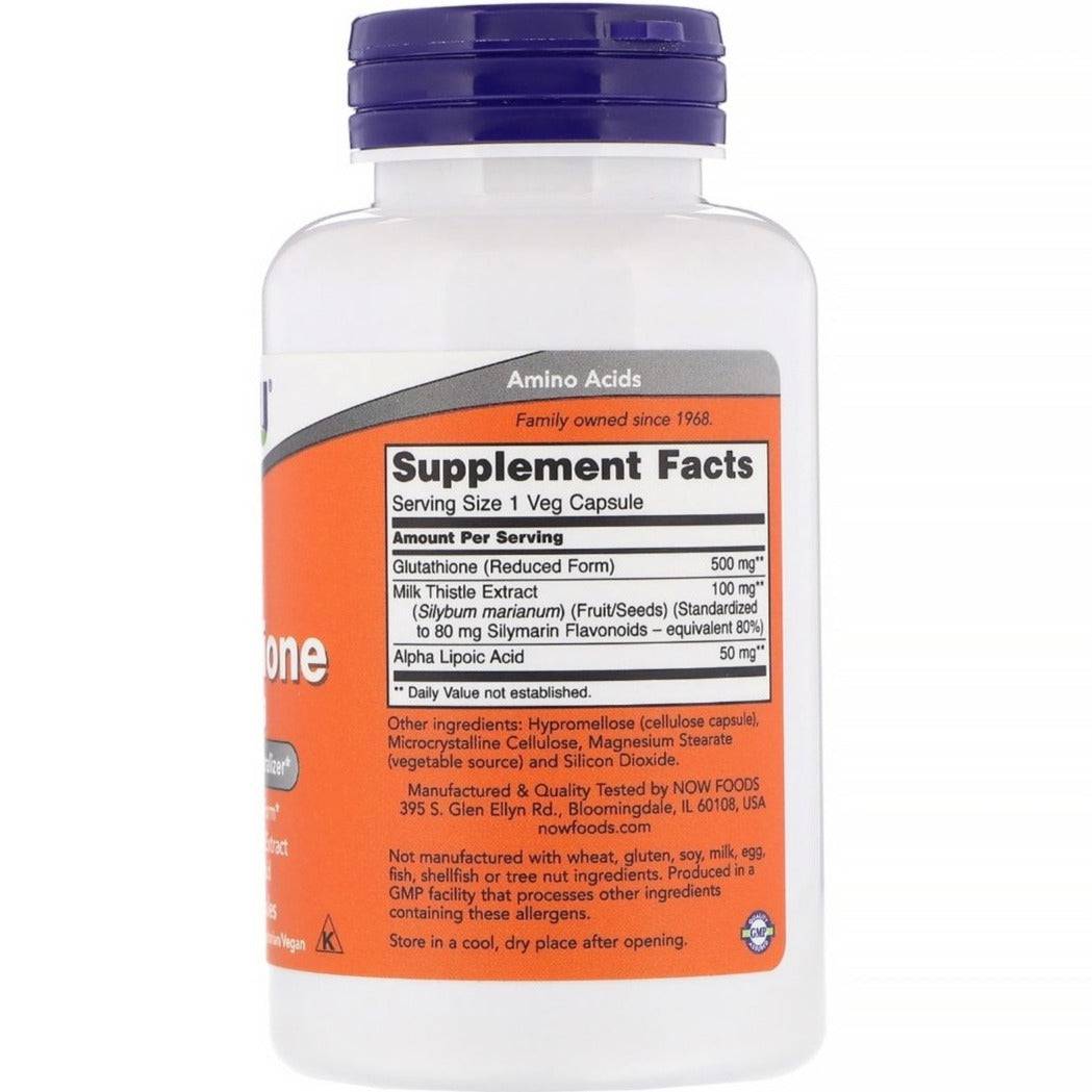 Now Foods Glutathione 500 mg supplement in green bottle with 60 vegetarian capsules, shown in a clear close-up image.