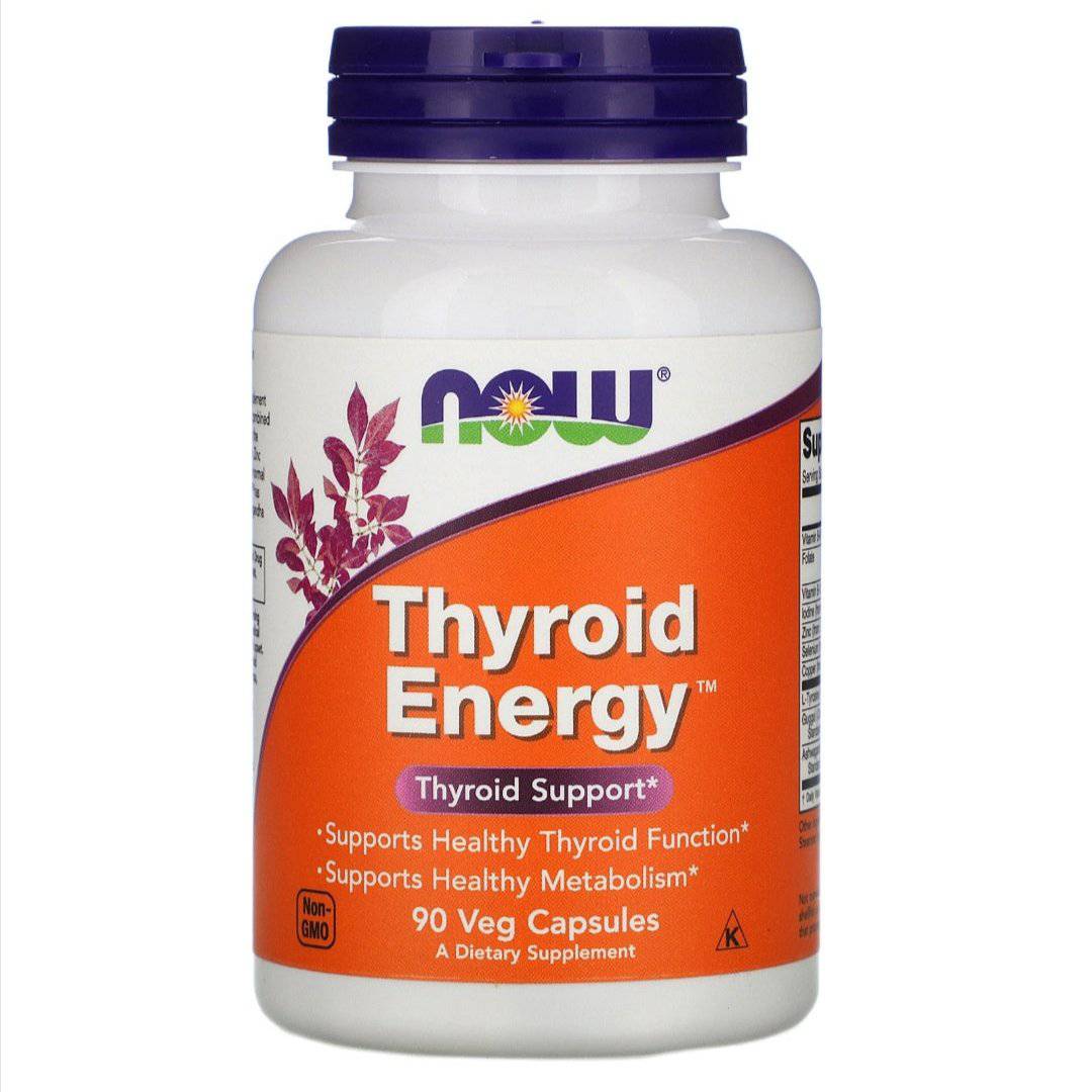 Now Foods Thyroid Energy supplement in 90 vegetarian capsules, showing the product bottle with label details.