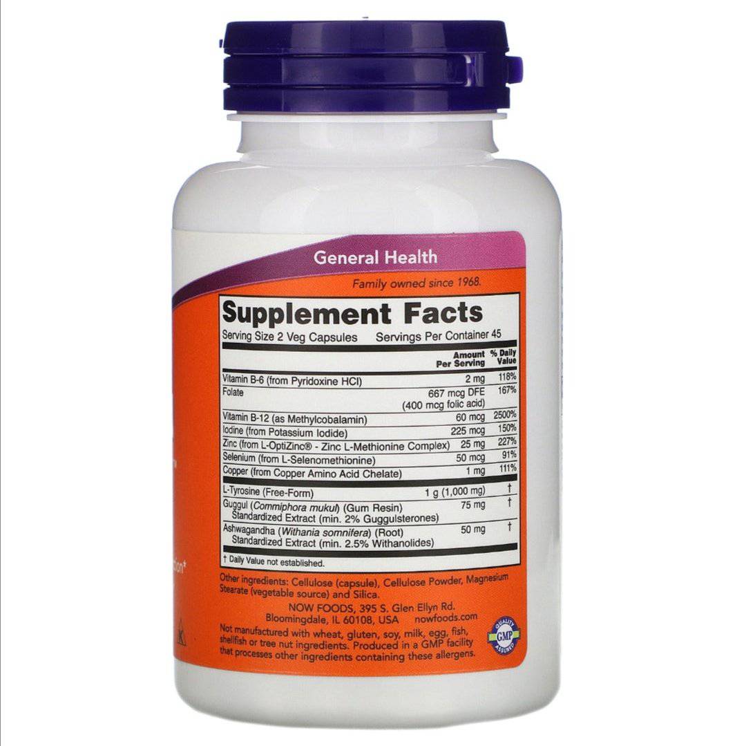 Now Foods Thyroid Energy supplement bottle with 90 vegetarian capsules, dietary support for thyroid health.