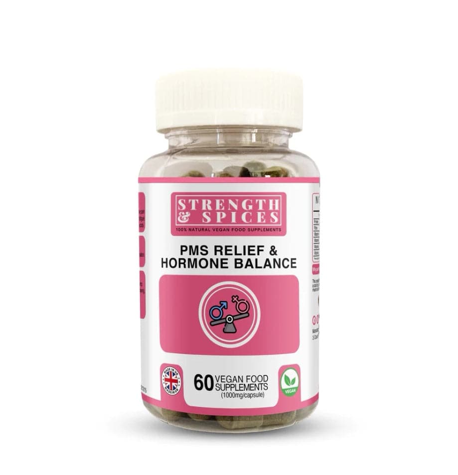 Bottle of PMS Relief & Hormone Balance supplement by Strength & Spices with 60 capsules on a white background.