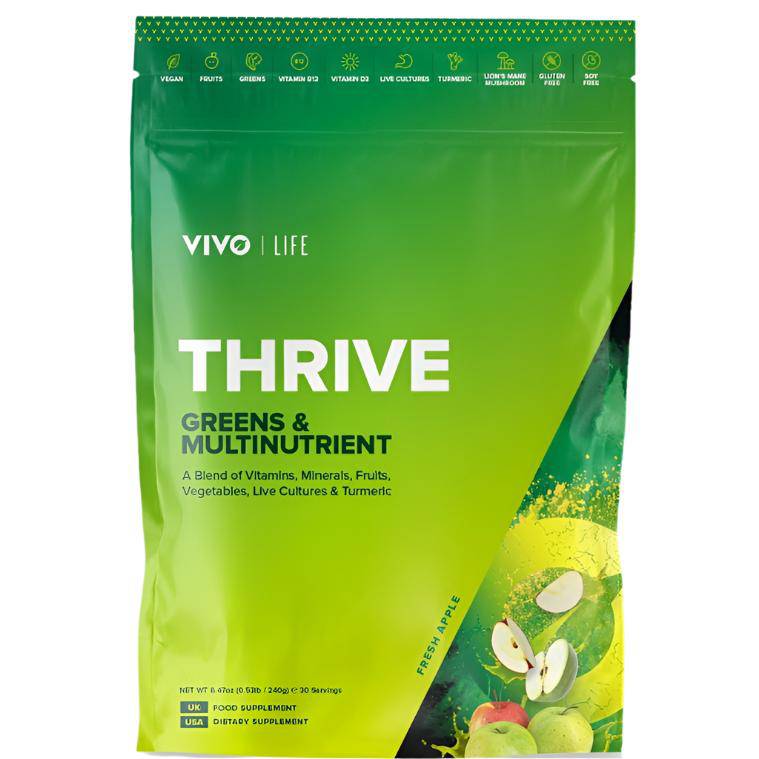 Fresh apple-shaped supplement bottle from Vivo Life's Thrive Fresh Apple supplement, featuring a clear label and green accents.