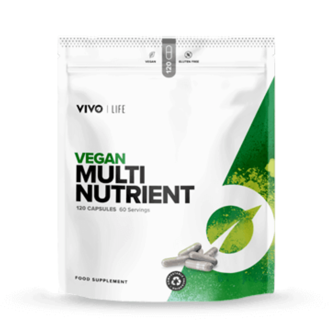 Vivo Life vegan multinutrient and mineral supplement bottle with colorful label, dietary supplement for health and wellness.