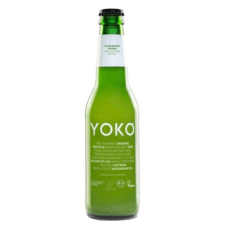 YOKO Organic Matcha Tea Drink in 330ml bottle, featuring vibrant green matcha tea with herbal branding and fresh liquid appearance
