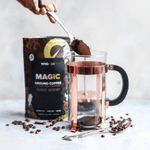 VIVO LIFE Magic Organic Coffee with Lion’s Mane mushroom in a mug, showcasing a steaming cup of herbal coffee with mushroom infusion.